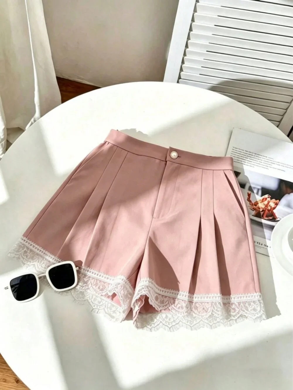 Pink Casual Women's Elegant Minimalist Pleated A-Line Lace Wide Leg Shorts